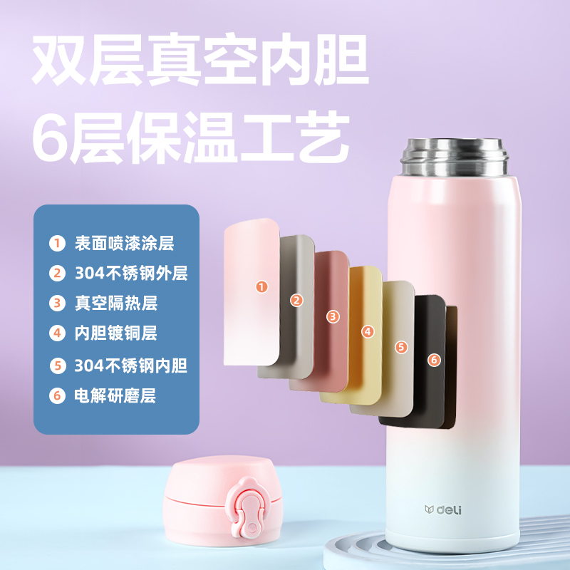 得力LL619保溫杯(彈蓋)(500mL)(304內(nèi)膽)(漸變粉)(彩盒裝)