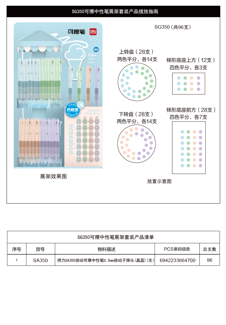 得力SG350按動(dòng)可擦中性筆展架套裝(晶藍(lán))0.5mm按動(dòng)子彈頭(2套/箱)