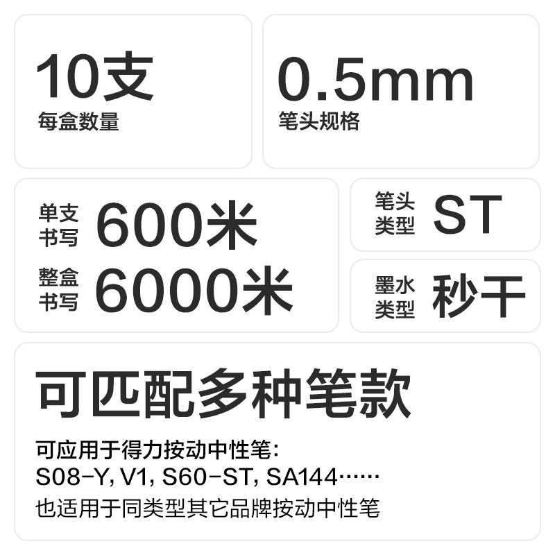 得力SE196秒干按動筆芯0.5mmST頭(黑)(10支/袋)